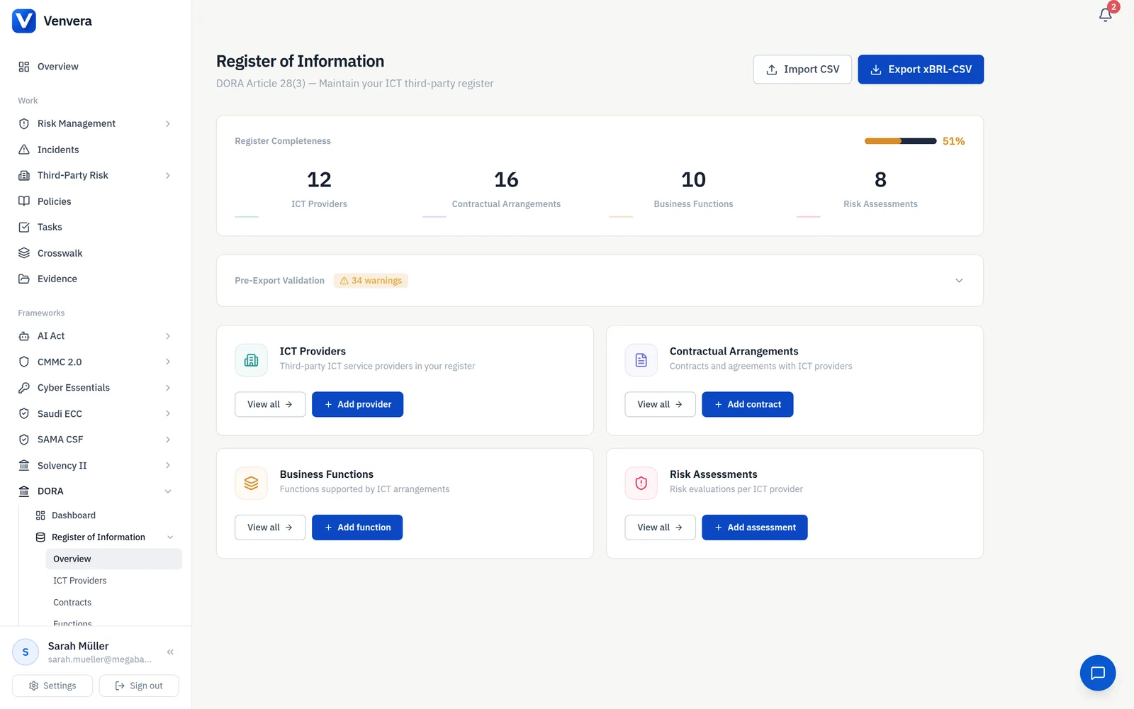 Venvera DORA Register of Information with completeness tracking and xBRL-CSV export Venvera DORA Register of Information with completeness tracking and xBRL-CSV export