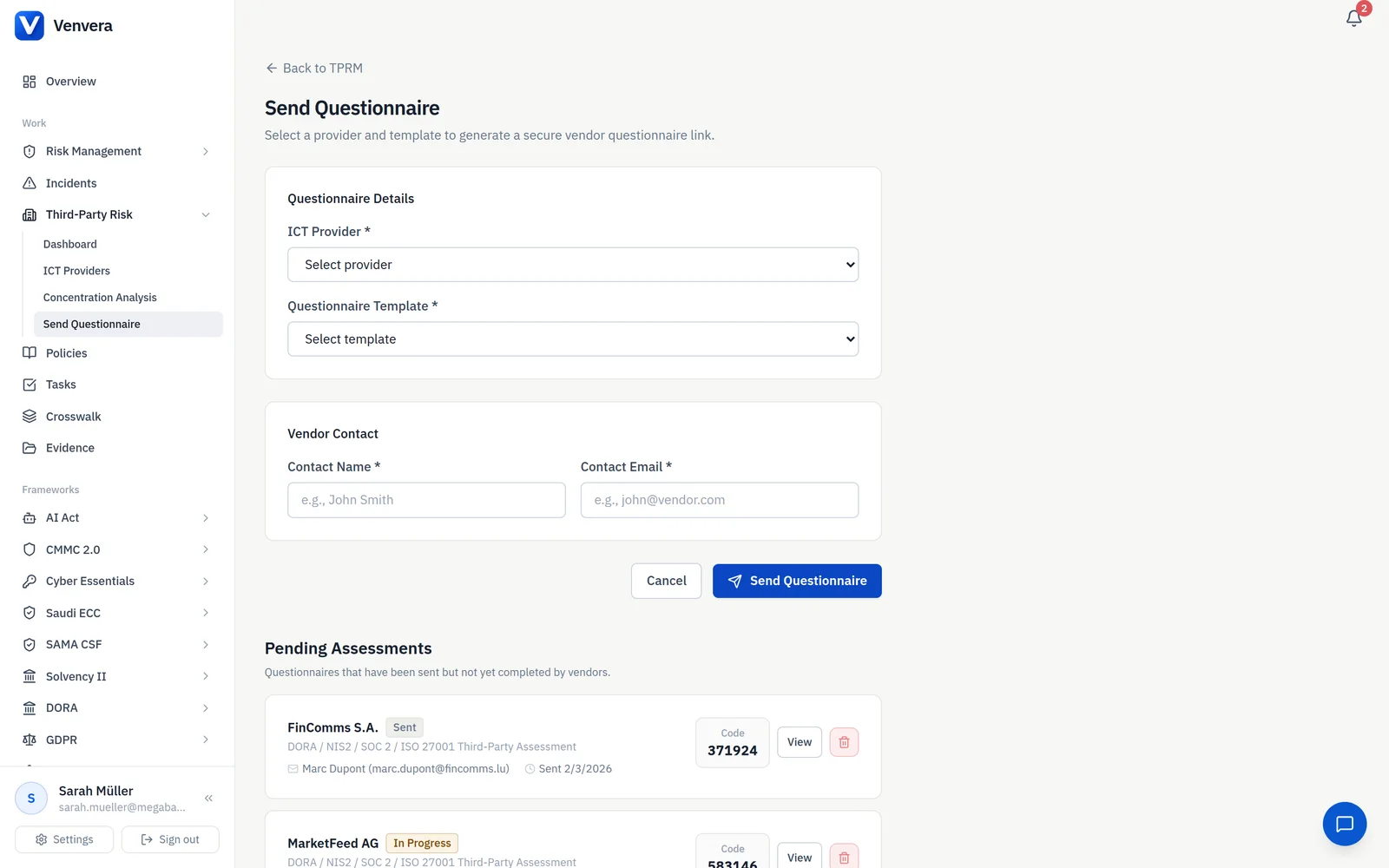 Venvera TPRM questionnaire builder sending vendor security questionnaires at scale