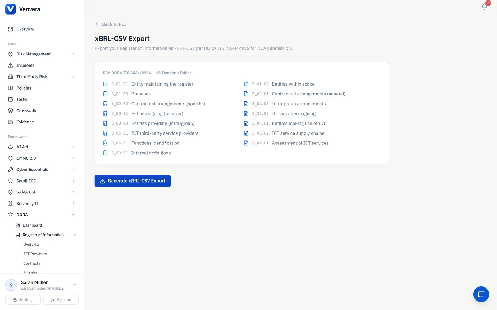 / xBRL-CSV EXPORT · 15 validated tables, one click - only on Venvera